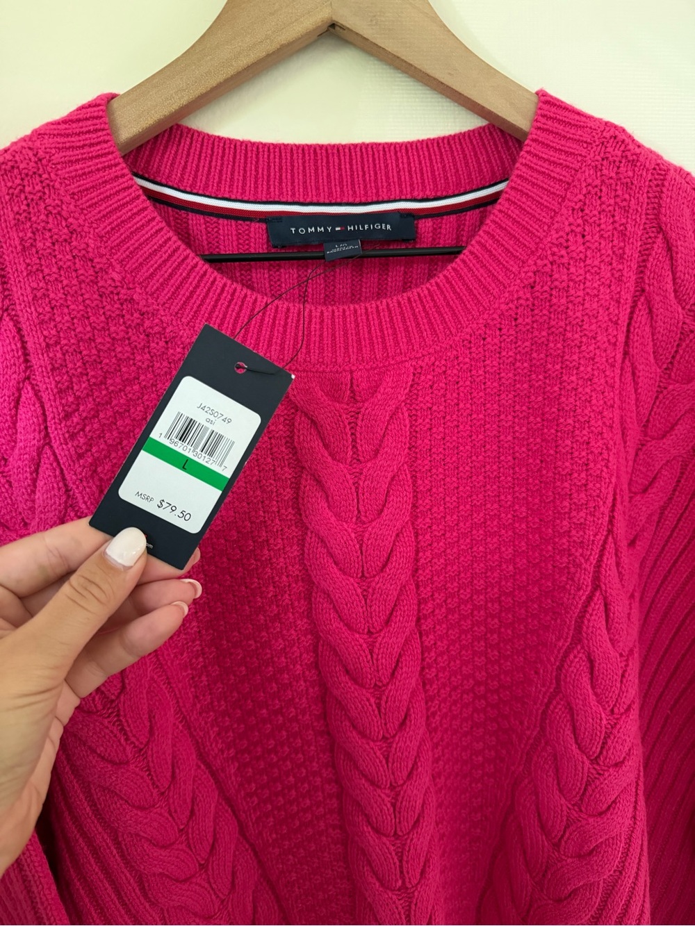 Tommy Hilfiger Pink Cable Knit Crewneck Sweater Women’s Large NWT - Picture 3 of 9
